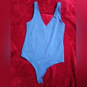 Chic Blue Bodysuit One Piece with V-Neckline